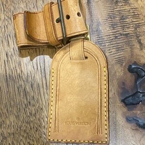 Louis Vuitton Tan Leather Travel Luggage Tag with Yellow Stitching